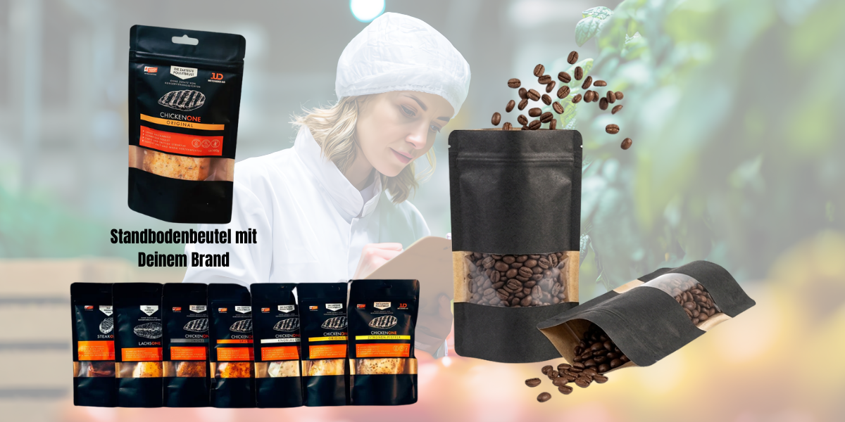 Standebodenbeutel schwarz mit Fenster lebensmittel bedruckbar individuell schweiz